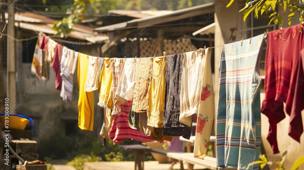 A row of clothes hung on a clothesline in the yard. The clothes are various colors and models.
