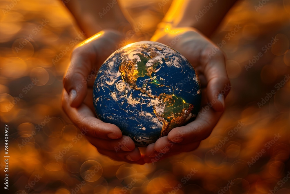 Fototapeta premium Hands cradling planet Earth on vivid warm background. Copy space included. AI Image