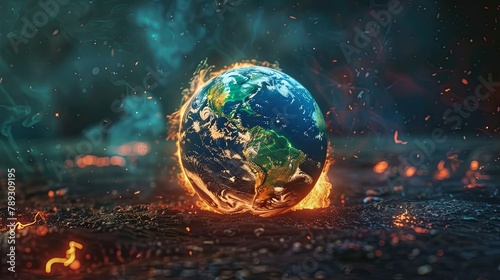 Illustration of Earth's burning surface with ultra-realistic detail. Conveying the global warming theme. AI Image
