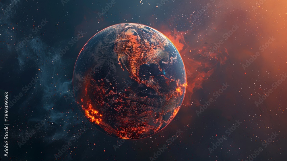 Earth's burning surface depicted in ultra-realistic style, symbolizing the global warming theme. AI Image