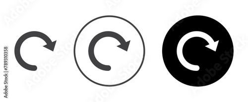 Rotate right icon set. refresh, reload, restart, reset or recover button vector symbol. retry arrow sign in black filled and outlined style.
