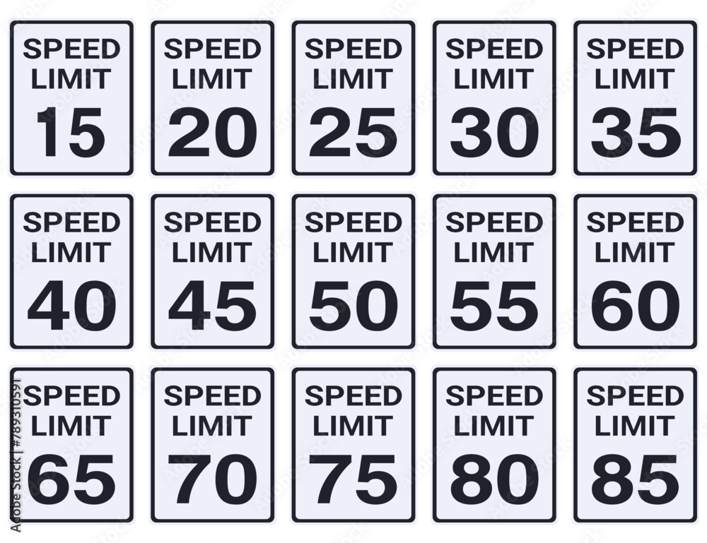 Collection of USA speed limit signs from 15 to 85 mph in flat style (cut out)