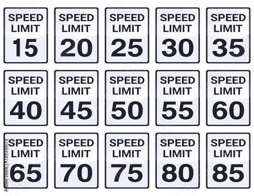 Collection of USA speed limit signs from 15 to 85 mph with metallic reflection (cut out)