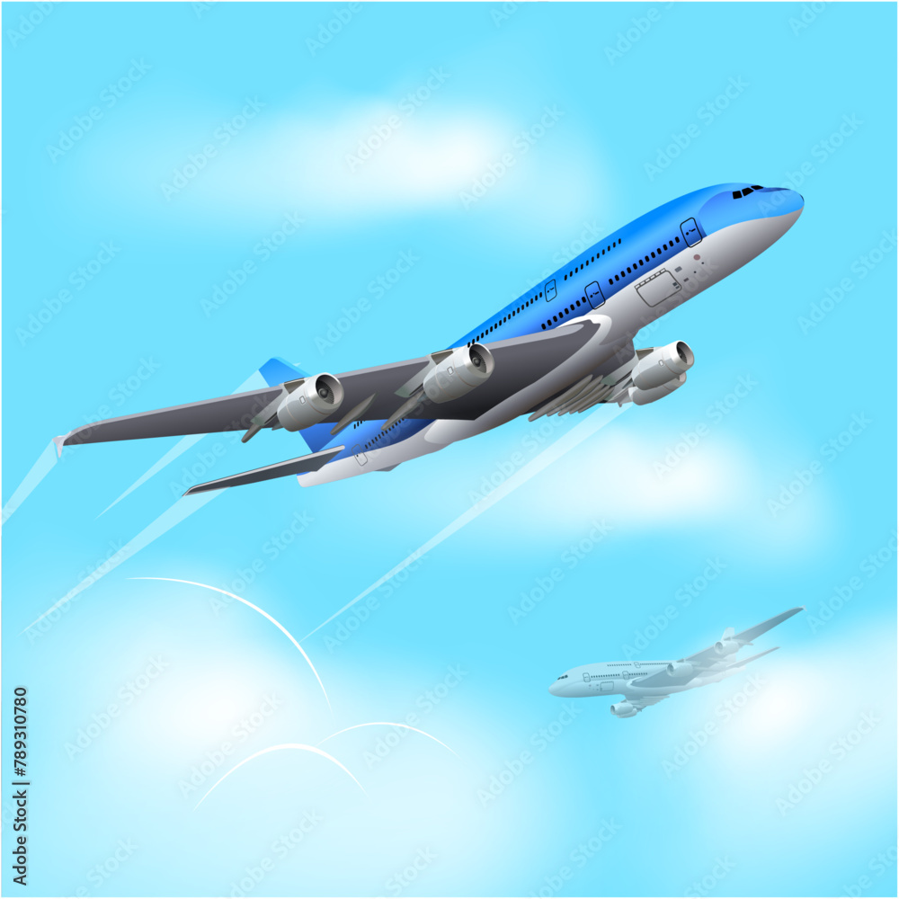 Naklejka premium A blue and white plane flying in the sky with a plane flying in the sky.
