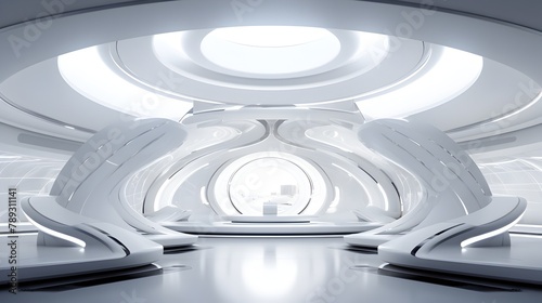 Futuristic White Interior Design of a Sophisticated Science Fiction Lab or Spaceship Environment