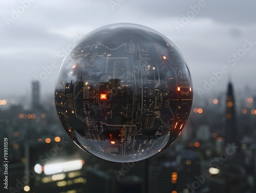 Glowing Circuit-Embellished Glass Sphere Illuminating a Futuristic Digital Cityscape Landscape