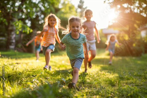 A group of children bask in the summer sun, racing across a lush lawn in a carefree sprint, embodying the essence of summer fun. AI Generated.