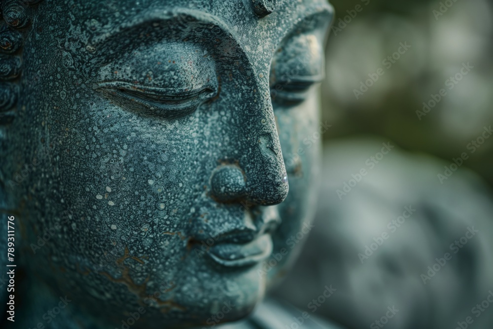 Close-up of a serene Buddha statue, symbolizing peace and mindfulness in a tranquil setting AI Generated.