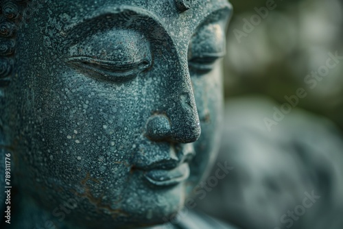 Close-up of a serene Buddha statue  symbolizing peace and mindfulness in a tranquil setting AI Generated.