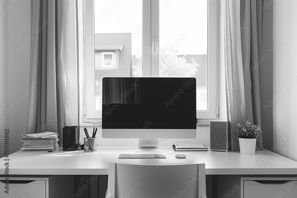 Obraz premium Grayscale image of a minimalist home office setup with a desk, computer, and natural light from the window. AI Generated.