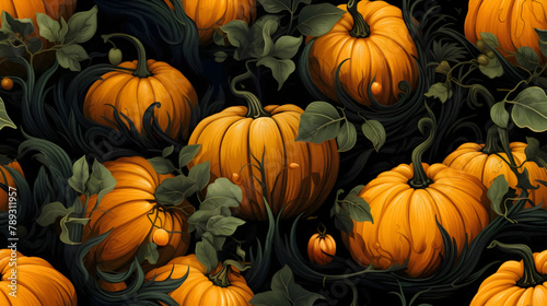 Seamless pattern with pumpkins and leaves. Vector illustration.