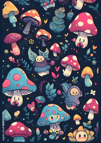 Seamless pattern with cute cartoon amanita mushrooms. Vector illustration.