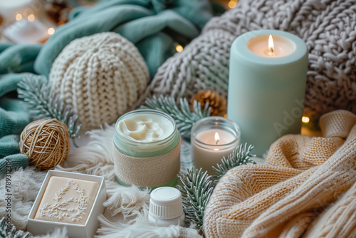 An inviting self-care display featuring lit candles nestled among cozy winter textiles. AI Generated