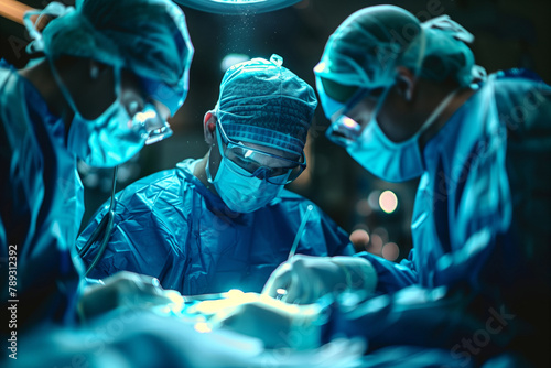 Surgeons deeply concentrated in a critical moment of surgery, with medical instruments in hand. AI Generated
