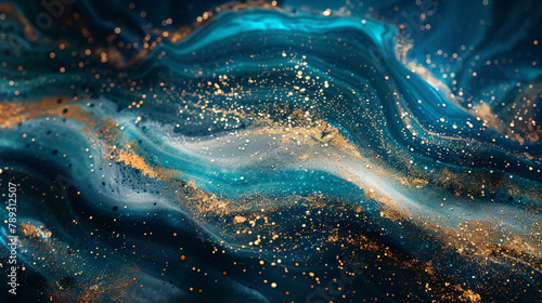 A dynamic surge of indigo and teal, crowned with a cascade of golden glitter. 