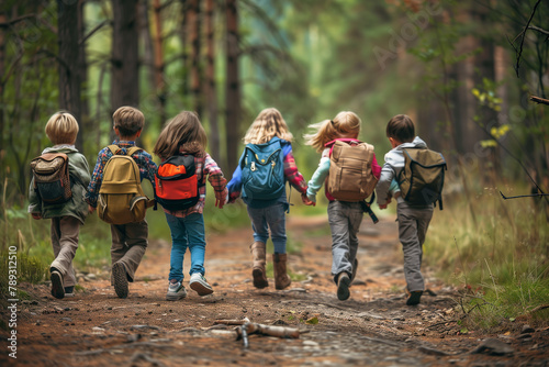 Group of kids hiking in the forest with backpacks. Travel  active lifestyle concept.
