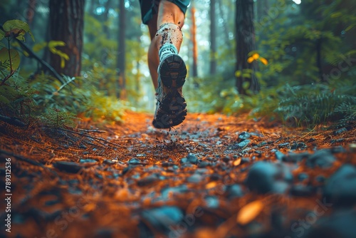 Dynamic perspective of a trail runner's muddy shoe amidst a forest trek, capturing the essence of motion and nature's terrain. AI Generated.