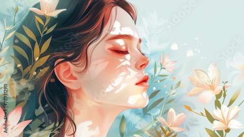 Serene Woman with Spring Floral Overlay Illustration