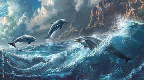Dolphins Leaping Through Crashing Waves Amidst Rugged Coastal Cliffs Creating a Dramatic and Captivating Seascape