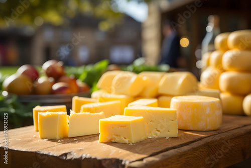 Double Gloucester Cheese on a farmers market stand photo