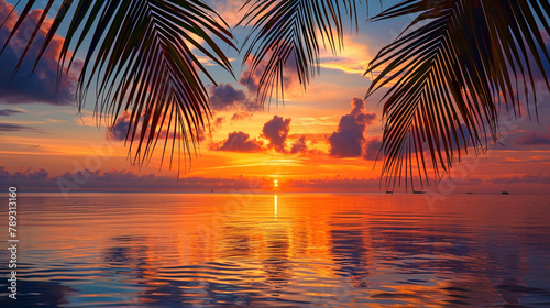 Sunset on the beach with tropical palm tree leaves, calm ocean horizon