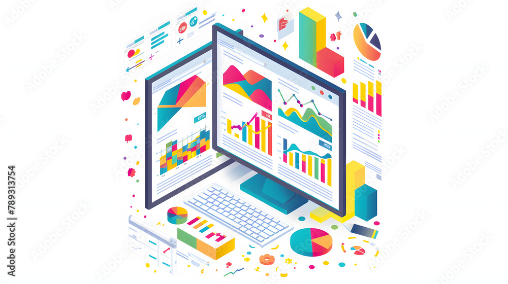 A flat vector illustration of an isometric composition with charts. graphs and data points on the screens of two monitors against a white background A flat vector illustration of an isometric composition with charts. graphs and data points on the screens of two monitors against a white background