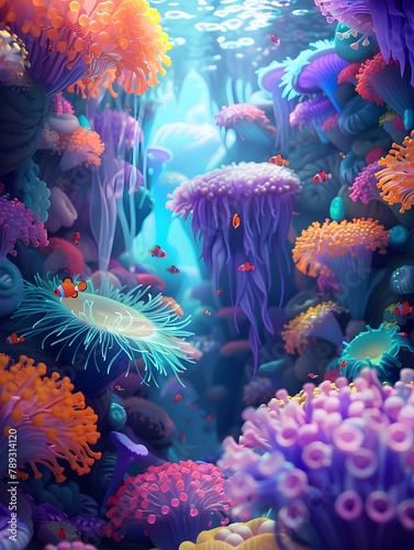 Enchanting Underwater Garden of Swaying Sea Anemones and Vibrant Marine Life © Wuttichai
