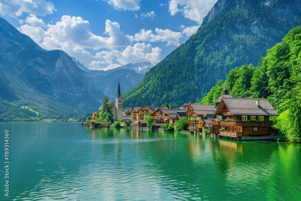 Fototapeta premium beautiful mountain lake with green water and traditional wooden houses, blue sky and white clouds