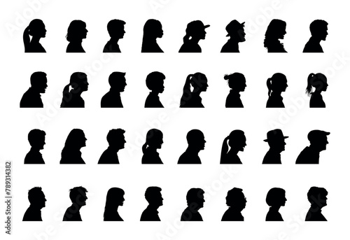 People face profiles side view black silhouette set collection. Men and women side face avatar portrait different age black silhouette.	