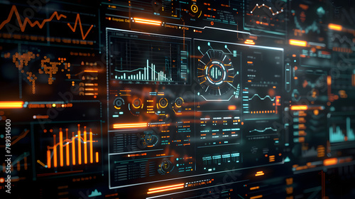 A futuristic holographic display of data and graphs. with digital interfaces glowing in the dark background