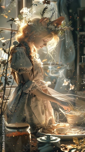 Ethereal Enchantress in Radiant Celestial Dress Amid Shimmering Flowers and Luminous Light