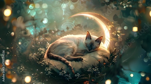 Ethereal Feline Slumber in Crescent Moon Bed Amid Shimmering Lights © Wuttichai