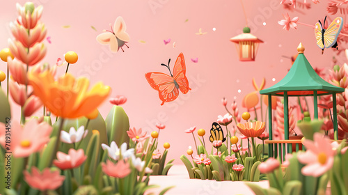 A garden scene with butterflies fluttering around. 3D isometric style