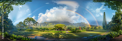 A rainbow in the sky over a lake ,Rainbow Radiance and Meadows in Bloom,