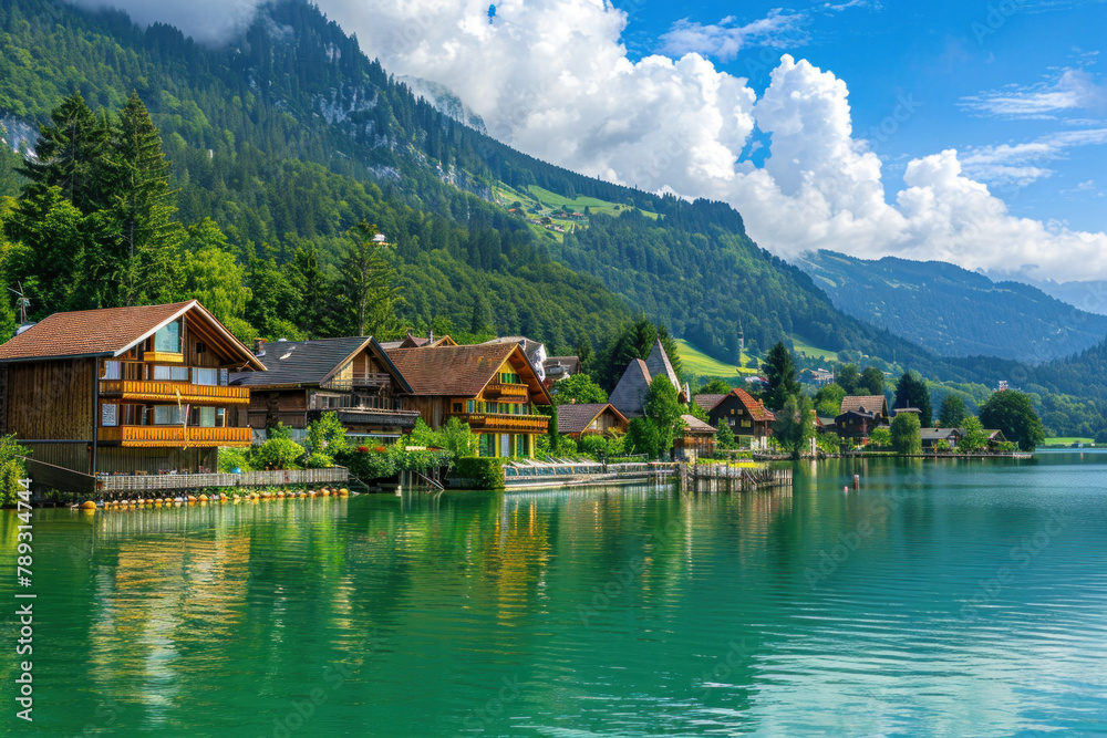 beautiful mountain lake with green water and traditional wooden houses, blue sky and white clouds