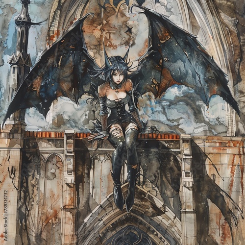 A sinister anime girl with batlike wings and sharp fangs, perched on the roof of a decaying gothic cathedral photo