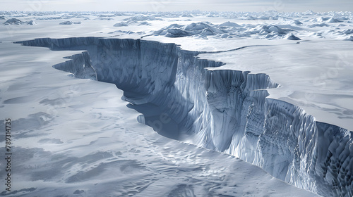 A giant glacier resting in the arctic. with most of its mass buried under snow and only a small portion showing above. The buried part is depicted as compacted ice