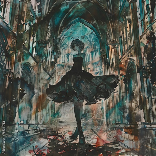 An anime girl with ghostly, translucent limbs and a bloodstained dress, standing in the center of a ruined cathedral, surrounded by the restless spirits of the damned