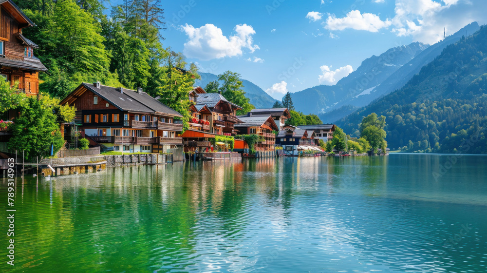 beautiful mountain lake with green water and traditional wooden houses, blue sky and white clouds