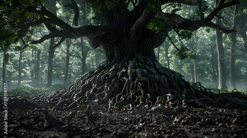 A giant tree standing in a forest. with most of its roots buried under the ground and only the trunk and branches visible. The buried part is depicted as tangled roots photo