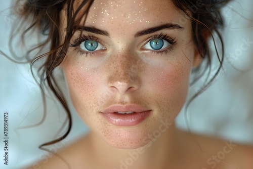 Close Up of a Woman With Blue Eyes. Generative AI