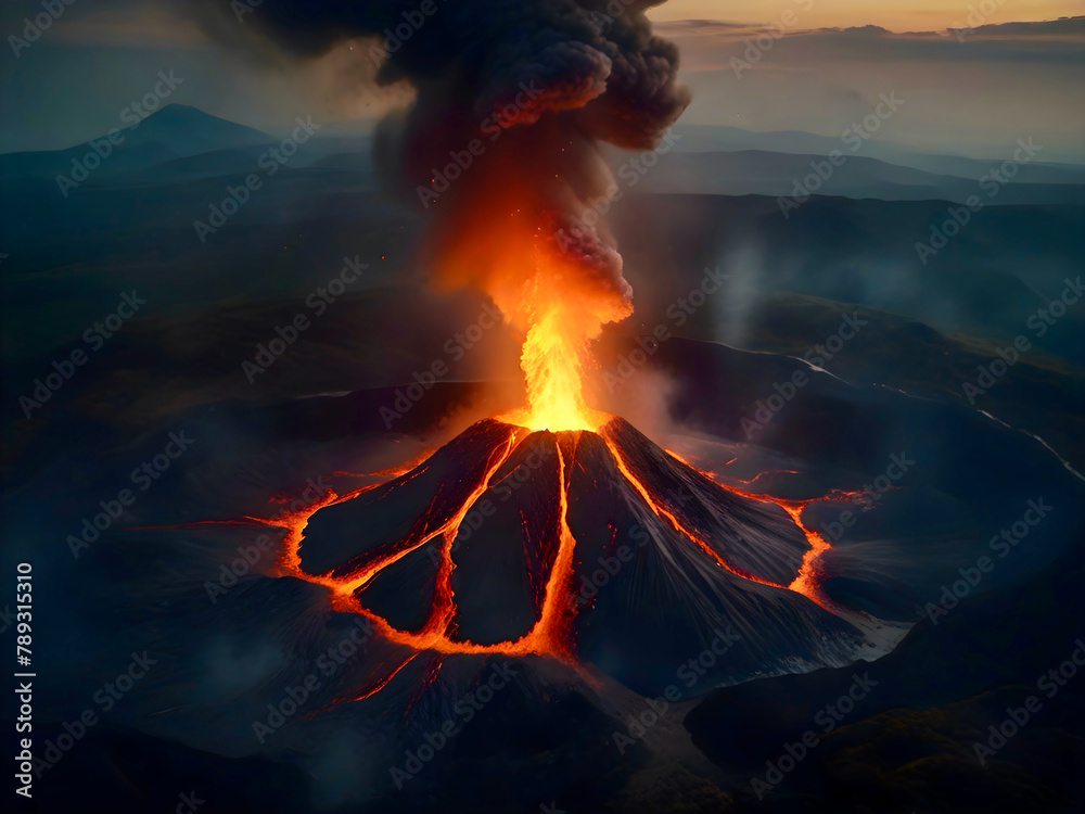 Erupting volcano, clouds of smoke, fire and flowing lava