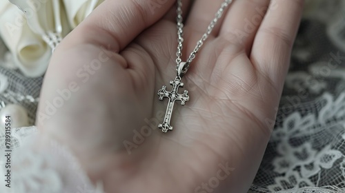 A priest's hand holds a Jesus Christ cross necklace