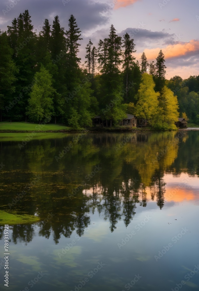 clear lake with trees and an old building in the background clear lake with trees and an old building in the background