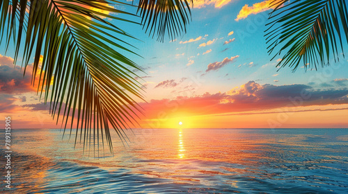 Sunset on the beach with tropical palm tree leaves, calm ocean horizon