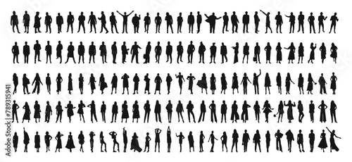 Group of people waiting in line, vector silhouette isolated on white background