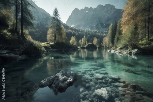 A serene, mystical landscape with a clear lake, lush forests, misty mountains, and a tranquil, ethereal atmosphere photo