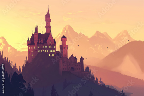 Illustration of a minimalist art enchanted castle at sunset with a mountain landscape in a digital serene fantasy. Magical fairy tale. Peaceful scenic background. Medieval architecture
