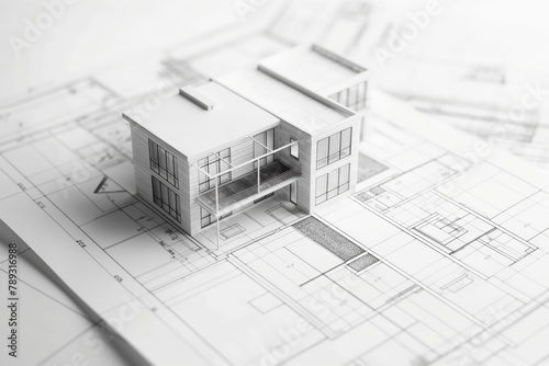 High-angle view of clean and minimalist architectural blueprints with detailed 3d house model