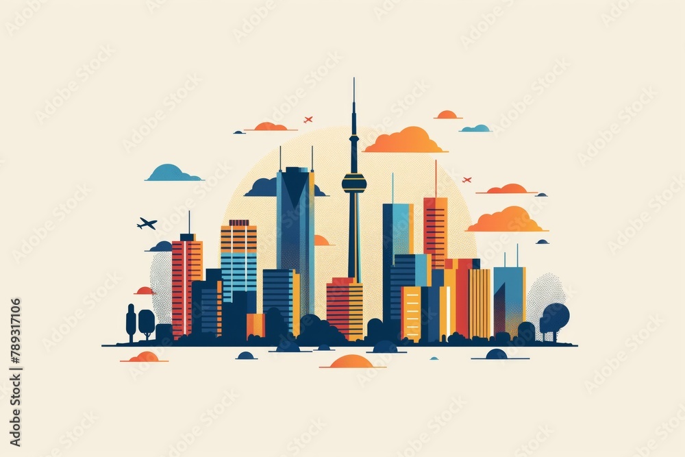 Clean and stylish illustration of a city skyline, featuring minimalistic shapes and a warm color palette